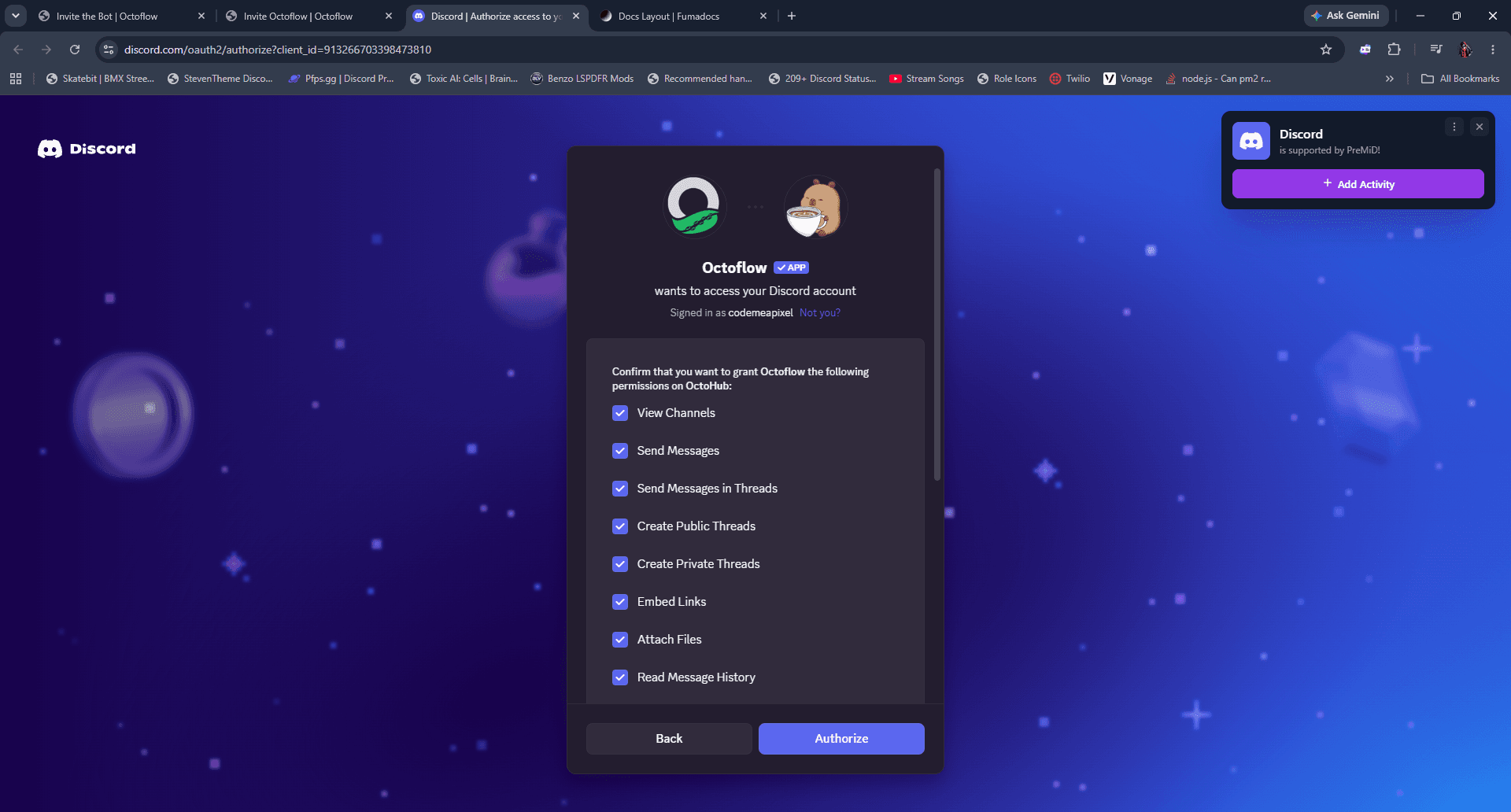 Permissions selection screenshot