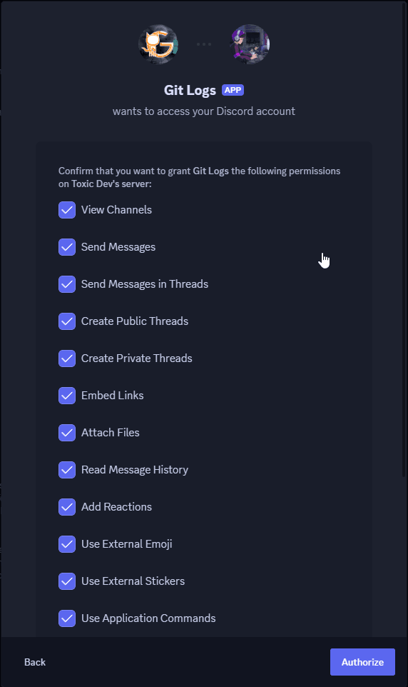 Permissions selection screenshot