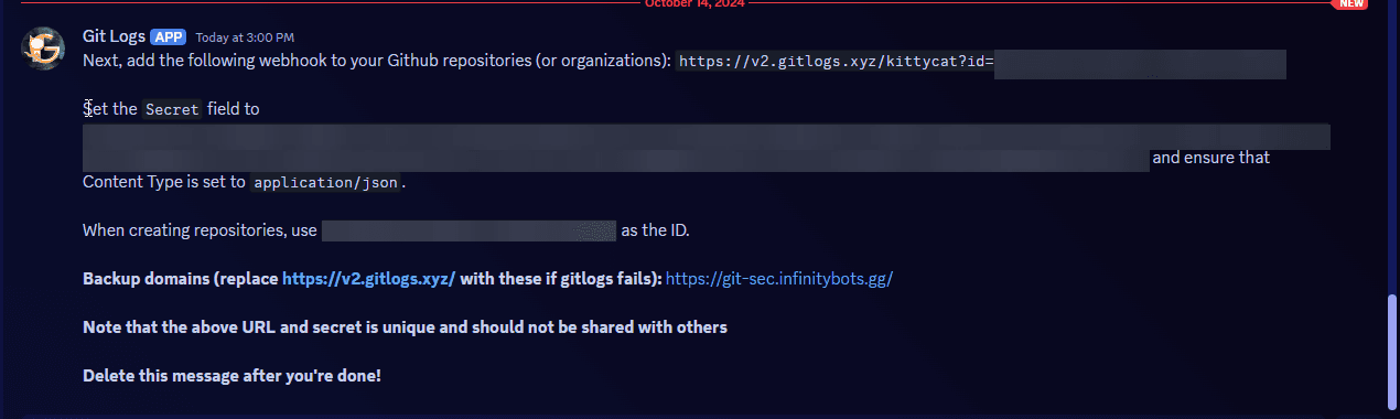 Webhook credentials DM screenshot