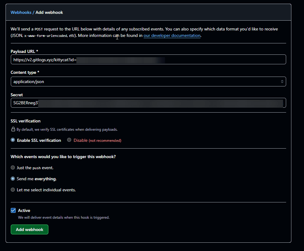 Webhook form filled in